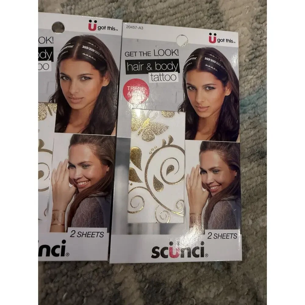 SCUNCI HAIR AND BODY TATTOO. 2 Sheets Each Gold & Silver 2 Pack 4 Sheets Total